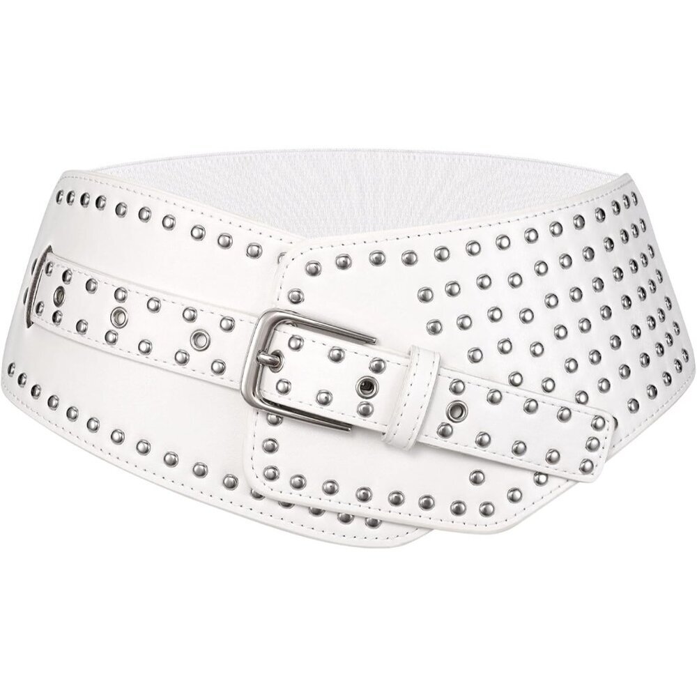 Women's Elastic Wide Belt Vintage Studded Stretchy Waist Belt Dress Pants White